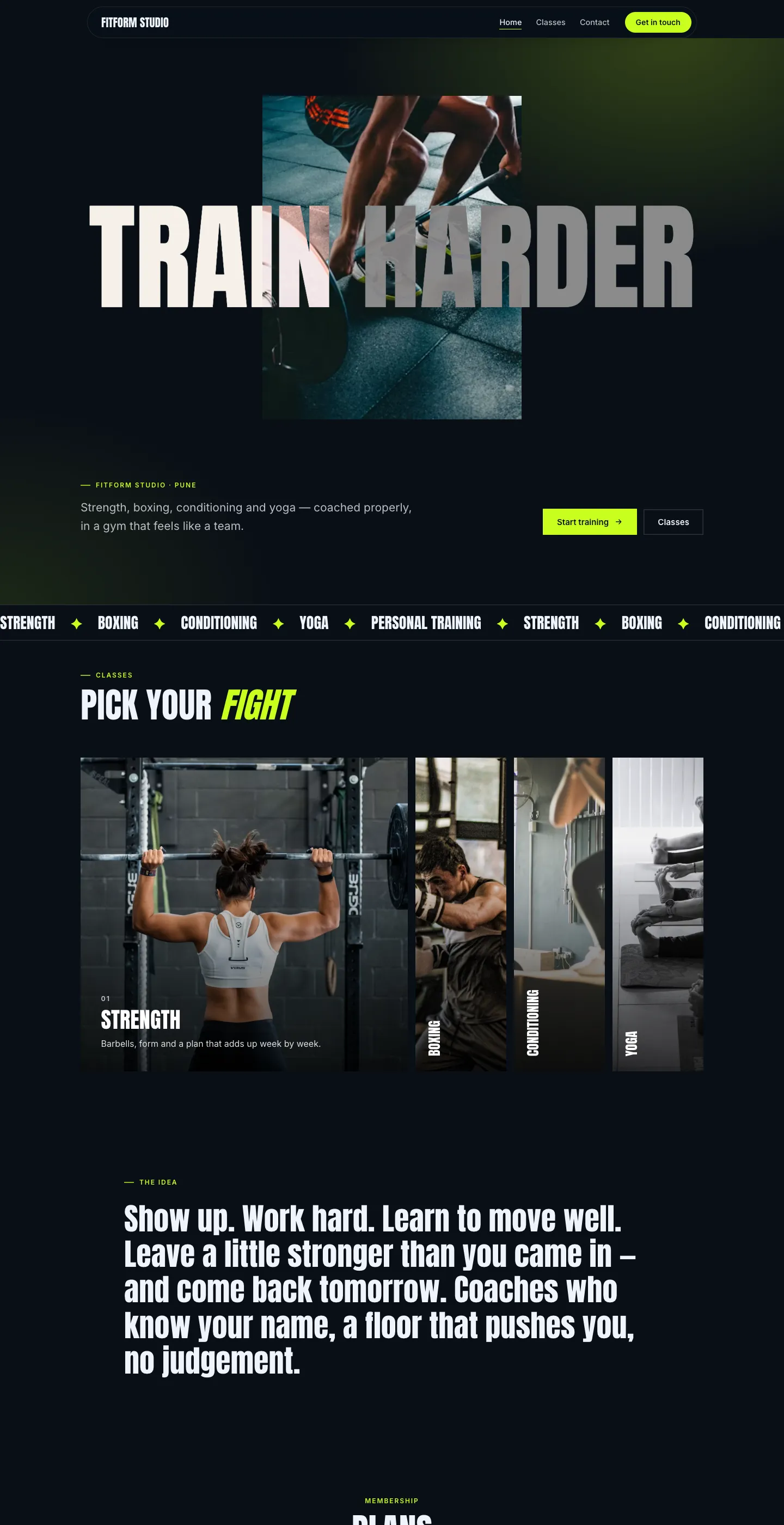 The Pulse design for FitForm Studio, whole page